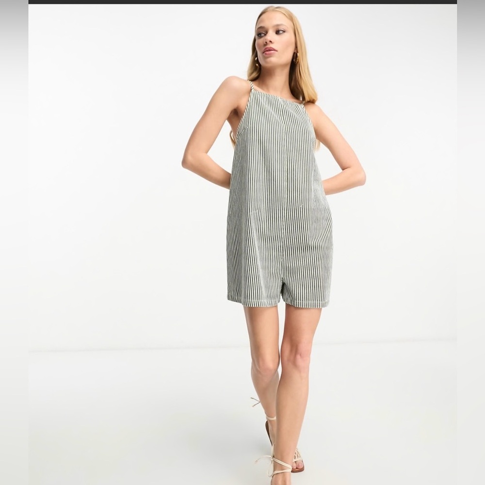 ASOS DESIGN twill minimal high neck romper in green & white stripe